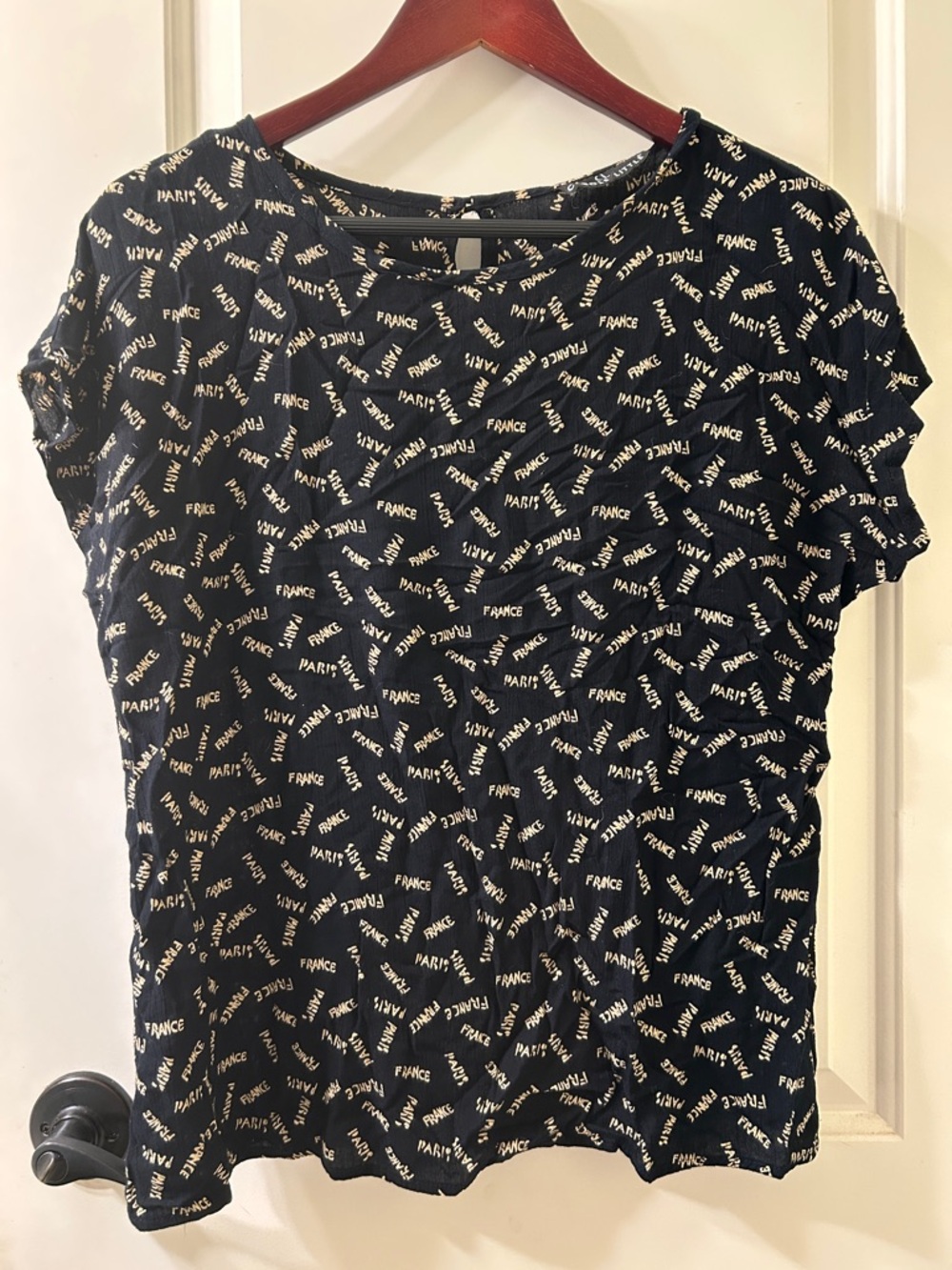 Carole Little Black Top with Beige Paris France All-Over Print